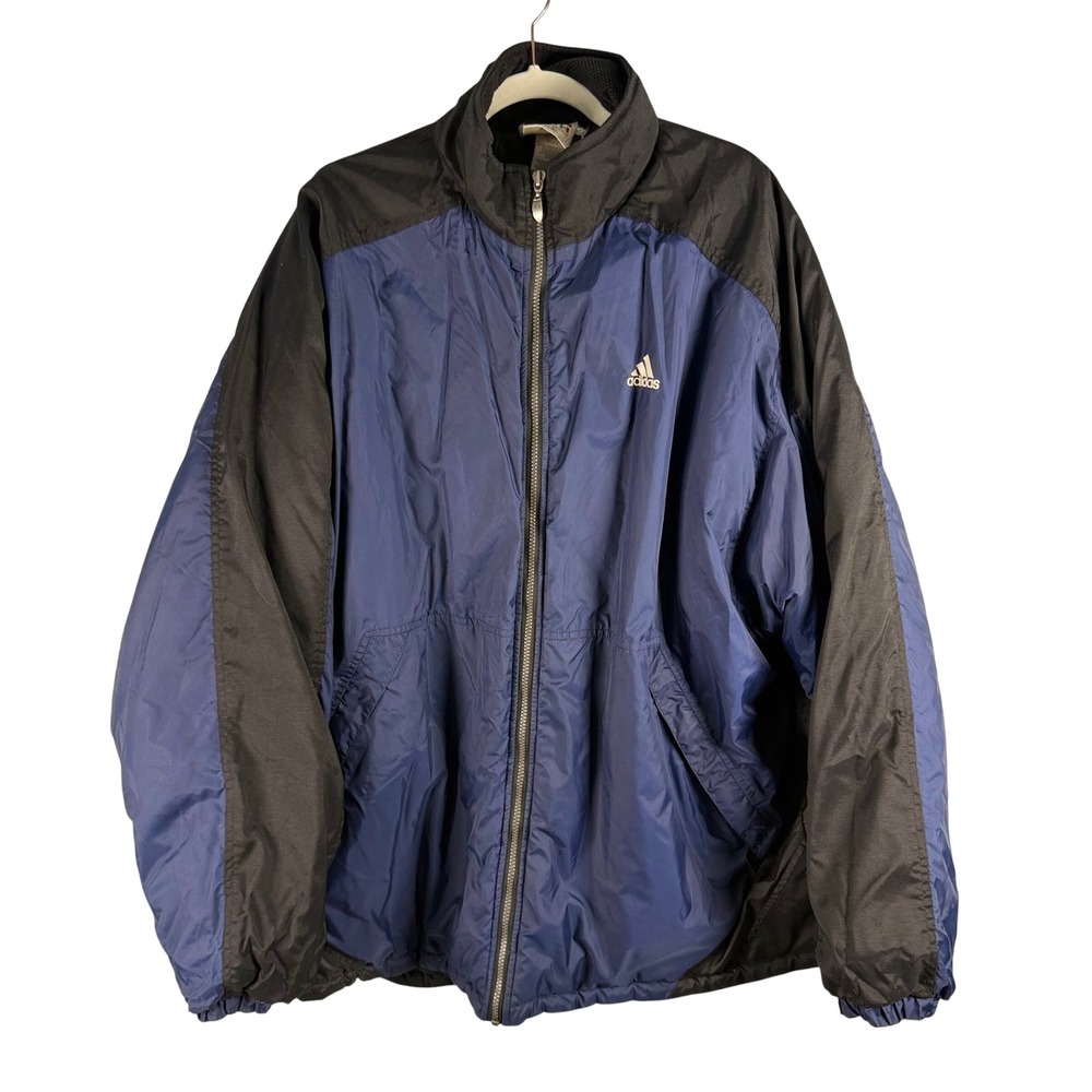 Adidas Mens XXL Vintage Puffy Winter Jacket Blue Black Full Zip 90s Oversized